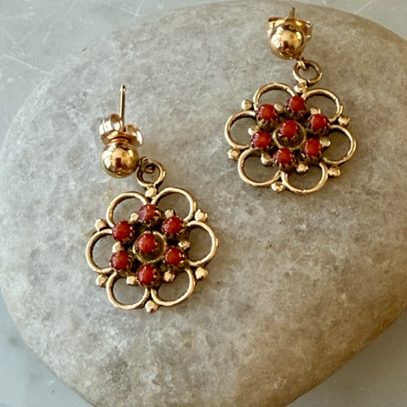 Native American Jewelry - Vintage Zuni Native American Handcrafted 14K Red Coral Earrings